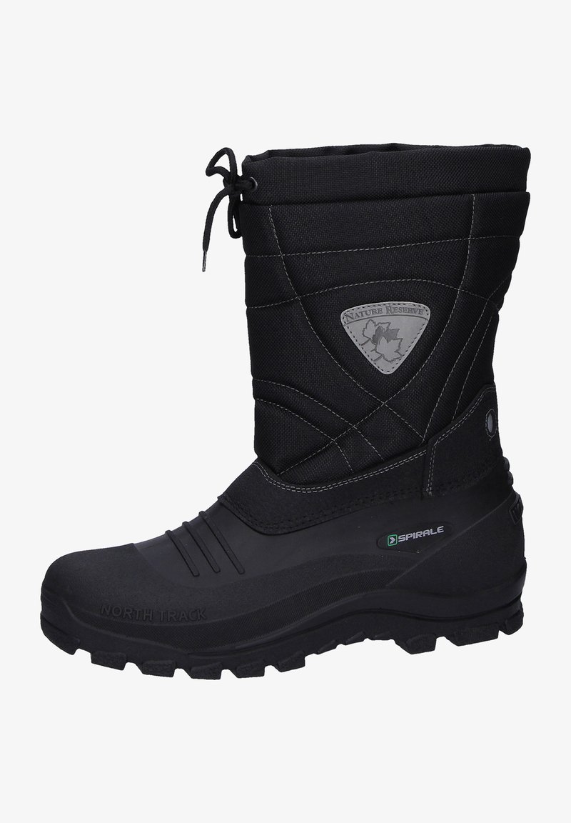 Schwarzer Winterstiefel mit gepolstertem Stoffobermaterial, Gummisohle mit Traktionsmuster, verstellbarem Oberteil mit Kordelzug und Logodetail.