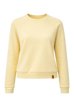 Soft yellow long-sleeve crewneck sweatshirt with ribbed cuffs and hem, featuring a small brown tag on the bottom left side.