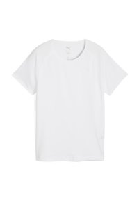 Hvid T-shirt med korte ærmer til sport med rund halsudskæring, der har en glat tekstur og diskret logo-detalje på brystet og siden.