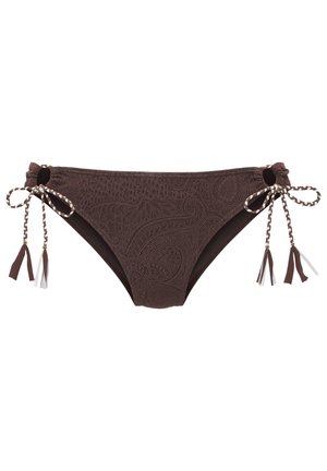 Dark brown bikini bottom with paisley texture and braided side ties ending in tassels on a white background.