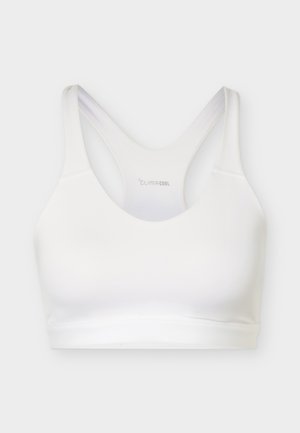 Brassière de sport blanche avec un design dos nageur et le texte "Climacool" centré à l'intérieur du panneau arrière, sur un fond blanc uni.