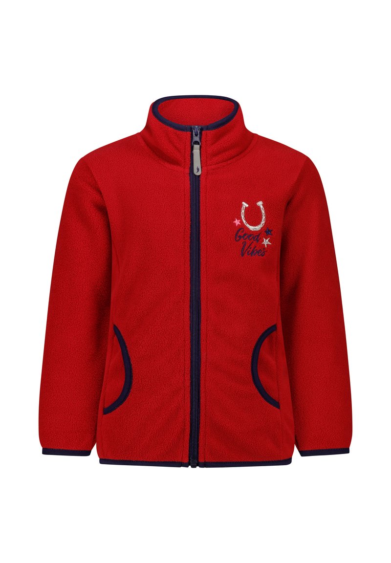 Rote Fleecejacke mit hohem Kragen, Reißverschluss, marineblauen Akzenten, Fronttaschen und gesticktem "Good Vibes" mit Sternen-Details.