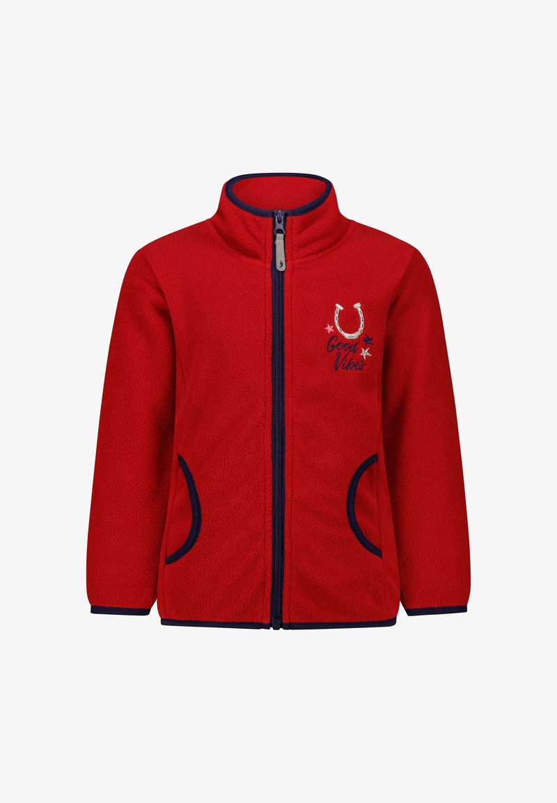 Rote Fleecejacke mit hohem Kragen, Reißverschluss, marineblauen Akzenten, Fronttaschen und gesticktem "Good Vibes" mit Sternen-Details.