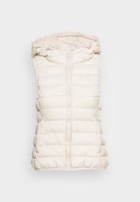 Gilet imbottito crema con cappuccio, dotato di zip frontale, motivo a righe verticali e due tasche laterali. Tessuto morbido e leggero.