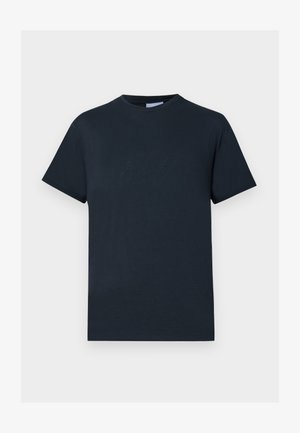 T-shirt de algodão azul-marinho, mangas curtas, gola redonda, com um design de logótipo texturizado em um tom mais claro na parte da frente.