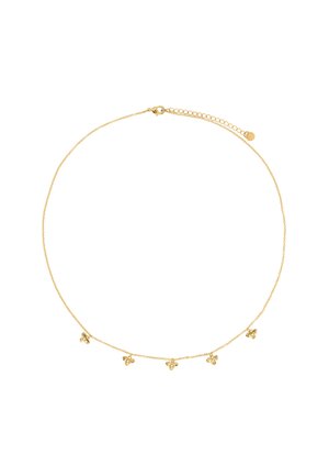 Collier chaîne dorée délicate avec cinq petits charms en forme d'abeille espacé régulièrement et une fermeture réglable.