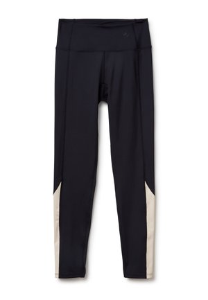 Schwarze Leggings aus dehnbarem Stoff, mit hohem Bund und beigen Seitenpanelen, glatte Textur mit dezenten Nähdetails.