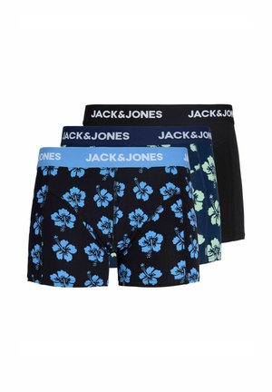 Három pár férfi boxeralsó virágmintákkal kék és fekete színben, mindegyiken a JACK & JONES márkajelzéses derékpánt található.