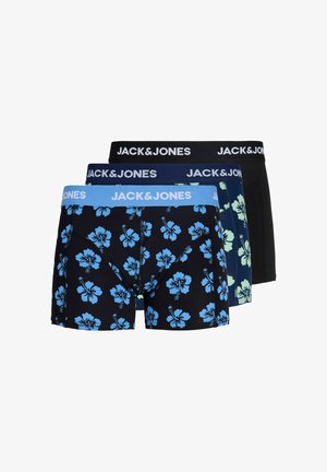 Trois paires de boxers pour hommes avec des motifs floraux en bleu et noir, chacun disposant d'une ceinture brandée portant la mention JACK & JONES.