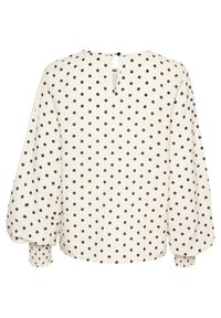 Crème blouse met marineblauwe stippen, ronde halslijn, opening met sleutelgat aan de achterkant, lange puff mouwen met elastische boorden, gladde stofstructuur.