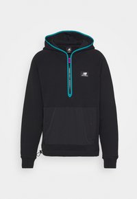 Felpa nera con zip frontale, dettagli turchesi e tessuto strutturato. Presenta una tasca frontale e un cordino regolabile all'orlo.