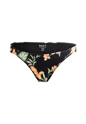 Black bikini bottom featuring a vibrant floral pattern in orange and green, made from stretchy material with a low-rise design.