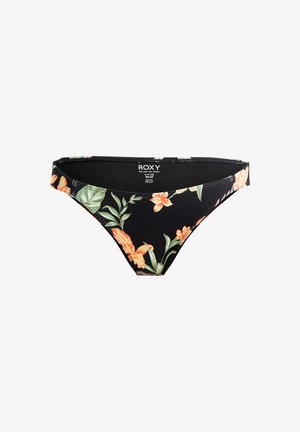Zwarte bikinitop met een levendig bloemenpatroon in oranje en groen, gemaakt van rekbare stof met een lage snit.