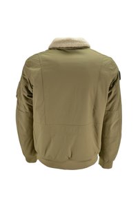 Giubbotto bomber verde oliva con colletto in pelliccia sintetica, polsini e orlo a costine; presenta numerosi dettagli di cucitura e una tasca sulla manica sinistra.