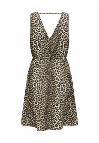 Leopardprint jurk met een V-hals, mouwloos ontwerp, geplooide taille en een uitlopende rok, in beige en zwarte tinten. Zachte stoffen textuur.
