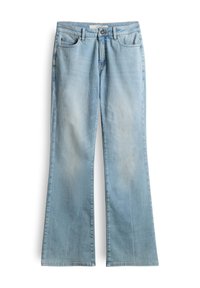 Light blue denim flared jeans with a five-pocket design, button closure, and faded detailing. Standard waistband and straight leg opening.