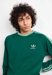 Žalia ilgaašvė marškinėliai, pagaminti iš medvilnės, turintys šviesiai žalią apykaklę, tris juosteles ant rankovių ir siuvinėtą adidas logotipą ant krūtinės.