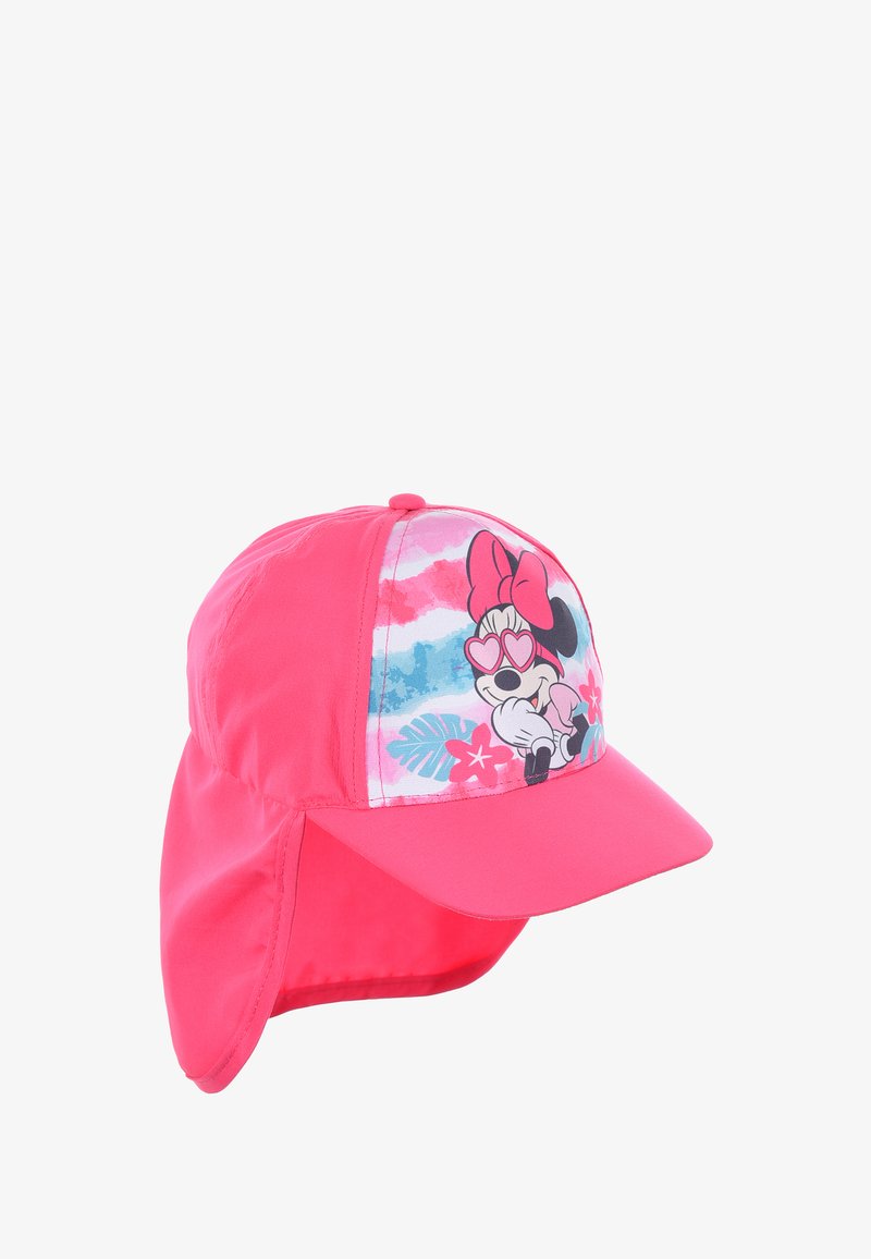Gorra rosa con ala ancha, que presenta un gráfico colorido de un personaje con gafas de sol en el panel frontal y solapas que se extienden en la parte posterior.