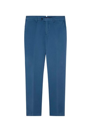 Chino-broeken in een levendige blauwe kleur, gemaakt van lichtgewicht katoen. Voorzien van een vlakke voorkant, riemlussen en een sluiting met één knoop.