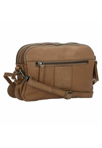 Borsa a tracolla in pelle marrone con texture liscia, scomparti con doppia zip, tasca frontale e tracolla regolabile con fibbia in metallo.