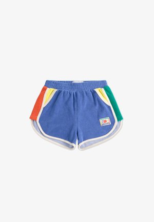 Blaue Terry-Shorts mit weißem Rand, versehen mit orangefarbenen, gelben und grünen Seitenakzenten sowie einem quadratischen Markenlogo auf der Vorderseite.