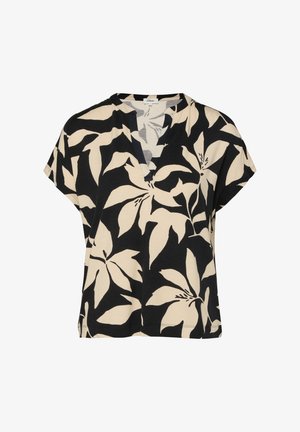 Czarna i beżowa bluzka z krótkim rękawem, ozdobiona dużym abstrakcyjnym kwiatowym wzorem oraz rozciętym dekoltem w kształcie litery V.