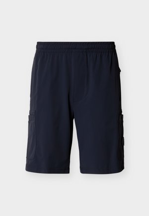 Mørkeblå shorts laget av lett materiale, med elastisk midjebånd, to sidelommer og en cargolomme på venstre ben.