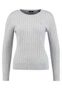 Maglione a coste grigio chiaro con maniche lunghe, scollatura rotonda e coste più strette sui polsini e sull'orlo. Dettaglio logo piccolo sul petto.