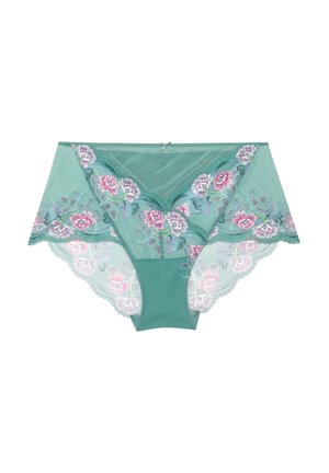 Bragas de encaje verde con bordado floral en rosa y púrpura y un pequeño lazo en el centro de la cintura.
