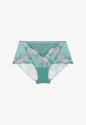 Groene kanten slip met roze en paarse bloemrijke borduursels en een klein strikdetail in het midden van de taille.