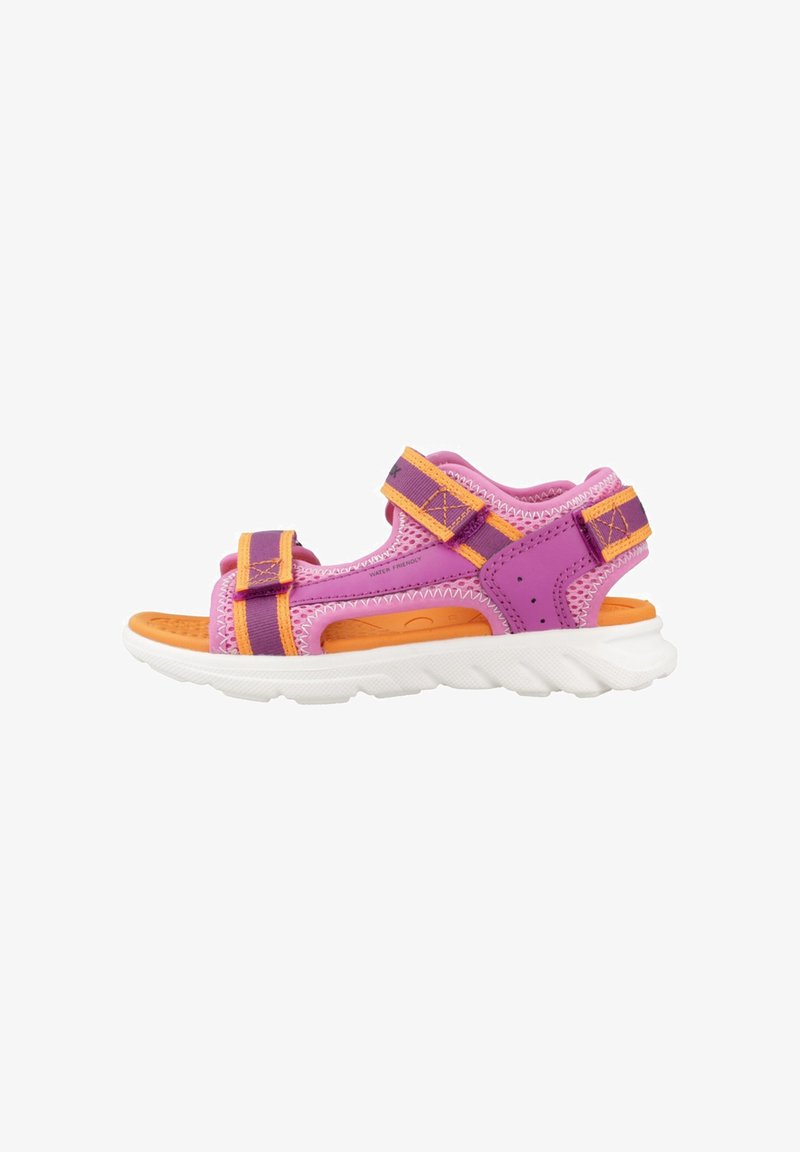 Sandales pour enfants violettes et orange avec des sangles réglables, dessus en mesh respirant, semelle rembourrée et détails découpés pour la ventilation.