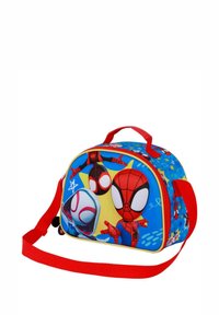 Bolsa de tela azul con cinta roja, diseñada con dibujos de Spider-Man en estilo caricatura. Forma redondeada, acentos amarillos y patrones coloridos de estrellas.
