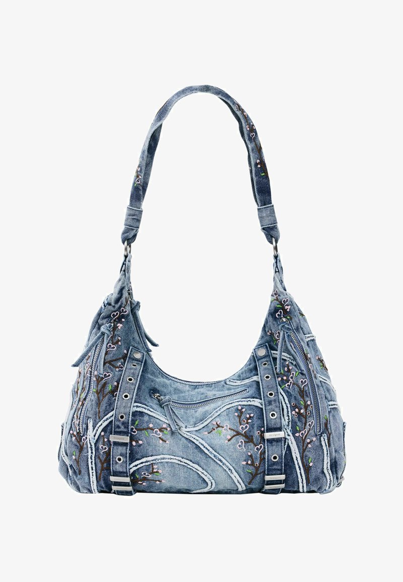 Denim handbag with floral embroidery, curved shape, sturdy shoulder strap, and silver-tone hardware accents. Features front zipper pockets.