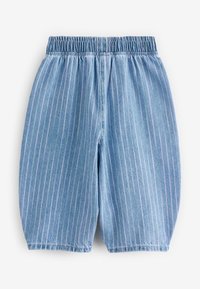Lichtblauwe denimshorts met verticale meerkleurige strepen. Elastische tailleband, losse pasvorm en gestikte zoomdetails.