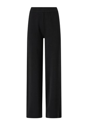 Sorte bukser med vide ben og elastik i taljen, ensartet tekstur uden synlige lommer eller pynt.