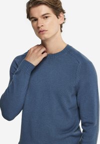 Stickad blå tröja med rund halsringning och ribbade muddar, med en mjuk textur och långa ärmar; enkel, klassisk design.