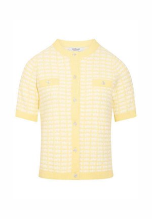 Cardigan de punto de manga corta a cuadros amarillos y blancos con botones de cristal y dos bolsillos en el pecho delanteros.