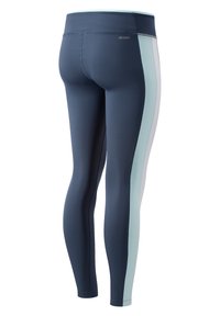 Navy blue athletic leggings with light blue and white side panels, made from stretchy moisture-wicking material, featuring a high waistband.