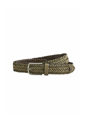 Braided green and brown leather belt with a silver metal buckle, featuring a textured design and a middle leather accent.