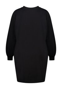 Robe noire à manches longues avec un col rond, présentant une coupe ample et des manches bouffantes froncées. Fabriquée en tissu doux et lisse.