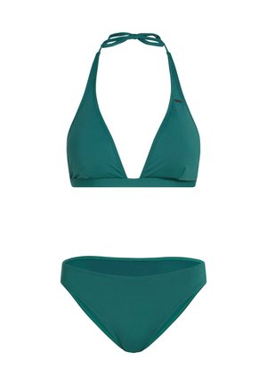 Teal bikini sett med dyp V-hals trekanttopp med halterknuter og matchende lavt liv truse. Jevnt stoff med minimale sømmer.