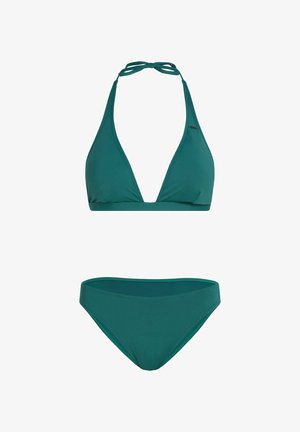 Teal bikini sett med dyp V-hals trekanttopp med halterknuter og matchende lavt liv truse. Jevnt stoff med minimale sømmer.