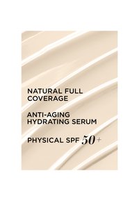 Naturlig full dekkende anti-aldrings fuktighetsgivende serum med fysisk SPF 50+ på en kremet beige teksturert bakgrunn.