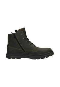 Grüne Leder-Stiefeletten mit einem seitlichen Reißverschluss, Schnürung vorne, Gummisohle und kontrastierenden Nähten. Glatte Textur überall.
