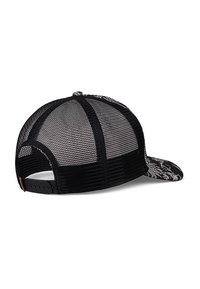 Black mesh-back cap featuring a textured black bill with a patterned accent. Adjustable snap closure at the back.