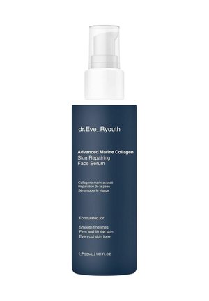 Ciemnoniebieska pompa butelka serum do twarzy dr.Eve_Ryouth Advanced Marine Collagen Skin Repairing o pojemności 30 ml, przeznaczona do wygładzania drobnych zmarszczek i ujędrniania skóry.