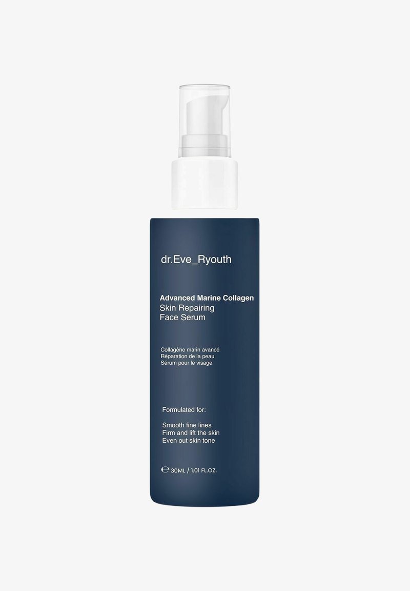 Dark blue pump bottle of dr.Eve_Ryouth Advanced Marine Collagen Skin Repairing Face Serum, 30ml, for smoothing fine lines and firming skin.