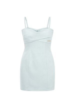 Mini abito azzurro chiaro senza maniche con sottili spalline regolabili, scollo a incrocio e piccolo logo dorato del marchio sul corpetto.