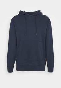 Mörkblå luvtröja med frontficka, snodd i huvan och ribbade muddarna och nederkant.