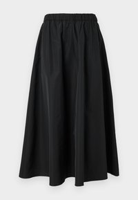 Svart midi skjørt laget av lett stoff med elastisk linning. Har en løs, A-formet fasong og jevn tekstur.